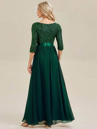 3/4 Sleeve Sequin Patchwork A-Line Floor Length Evening Dresses