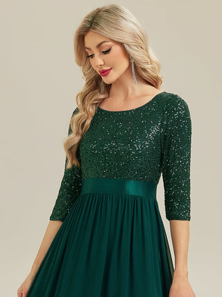 3/4 Sleeve Sequin Patchwork A-Line Floor Length Evening Dresses