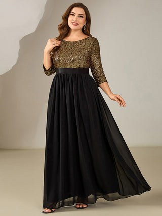 3/4 Sleeve Sequin Patchwork A-Line Floor Length Evening Dresses