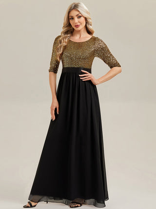 3/4 Sleeve Sequin Patchwork A-Line Floor Length Evening Dresses
