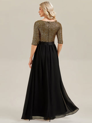 3/4 Sleeve Sequin Patchwork A-Line Floor Length Evening Dresses
