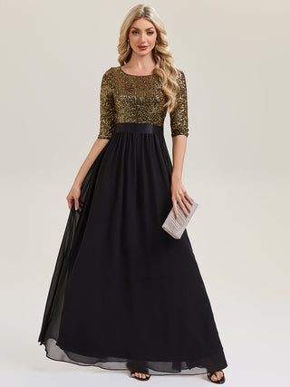 3/4 Sleeve Sequin Patchwork A-Line Floor Length Evening Dresses