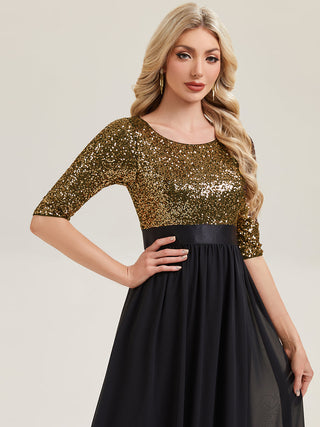 3/4 Sleeve Sequin Patchwork A-Line Floor Length Evening Dresses