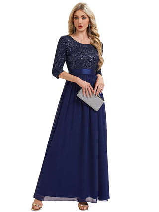 3/4 Sleeve Sequin Patchwork A-Line Floor Length Evening Dresses