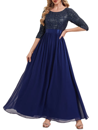 3/4 Sleeve Sequin Patchwork A-Line Floor Length Evening Dresses