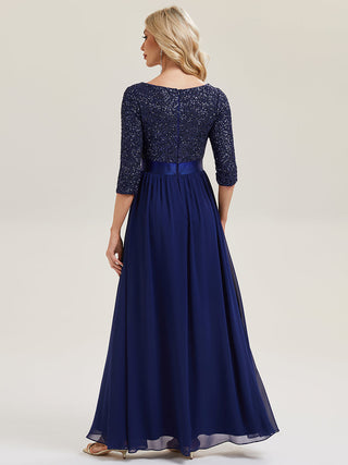 3/4 Sleeve Sequin Patchwork A-Line Floor Length Evening Dresses