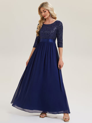 3/4 Sleeve Sequin Patchwork A-Line Floor Length Evening Dresses