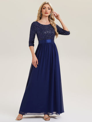 3/4 Sleeve Sequin Patchwork A-Line Floor Length Evening Dresses
