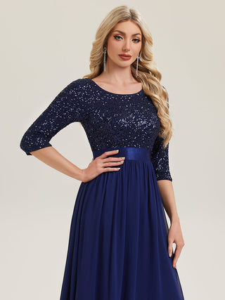 3/4 Sleeve Sequin Patchwork A-Line Floor Length Evening Dresses