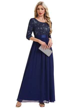 3/4 Sleeve Sequin Patchwork A-Line Floor Length Evening Dresses