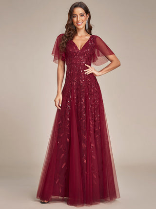Short Sleeve Ruffle Sequin Deep V-Neck A-Line Floor Length Evening Dresses