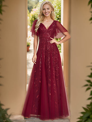 Short Sleeve Ruffle Sequin Deep V-Neck A-Line Floor Length Evening Dresses