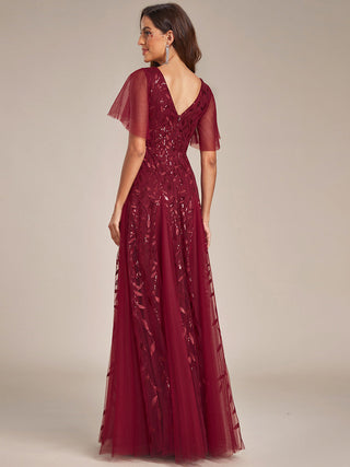 Short Sleeve Ruffle Sequin Deep V-Neck A-Line Floor Length Evening Dresses