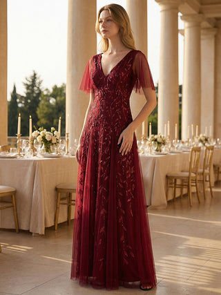 Short Sleeve Ruffle Sequin Deep V-Neck A-Line Floor Length Evening Dresses