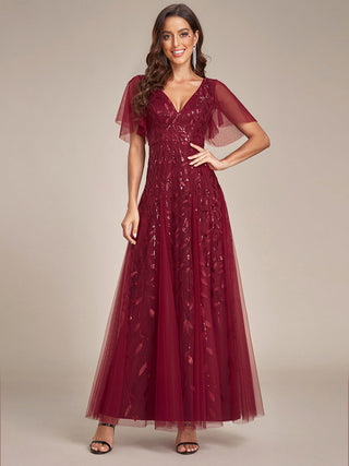 Short Sleeve Ruffle Sequin Deep V-Neck A-Line Floor Length Evening Dresses