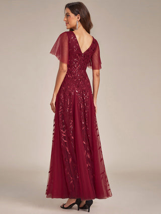 Short Sleeve Ruffle Sequin Deep V-Neck A-Line Floor Length Evening Dresses