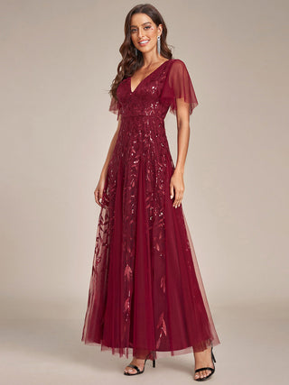 Short Sleeve Ruffle Sequin Deep V-Neck A-Line Floor Length Evening Dresses