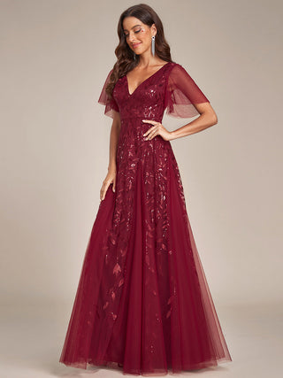 Short Sleeve Ruffle Sequin Deep V-Neck A-Line Floor Length Evening Dresses
