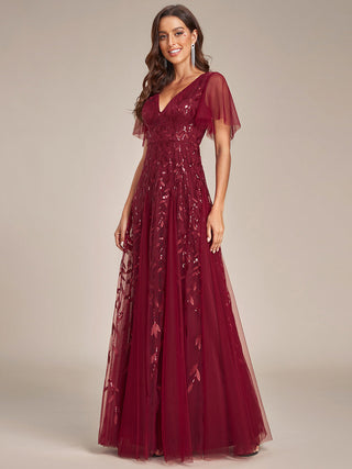 Short Sleeve Ruffle Sequin Deep V-Neck A-Line Floor Length Evening Dresses