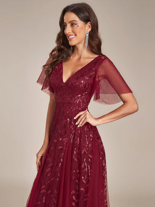 Short Sleeve Ruffle Sequin Deep V-Neck A-Line Floor Length Evening Dresses