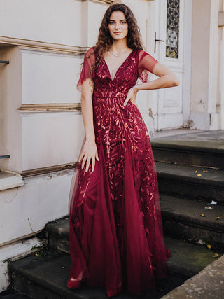 Short Sleeve Ruffle Sequin Deep V-Neck A-Line Floor Length Evening Dresses