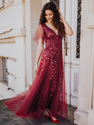 Short Sleeve Ruffle Sequin Deep V-Neck A-Line Floor Length Evening Dresses