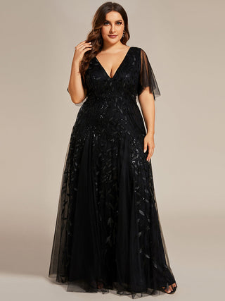 Short Sleeve Ruffle Sequin Deep V-Neck A-Line Floor Length Evening Dresses