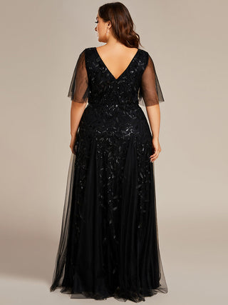 Short Sleeve Ruffle Sequin Deep V-Neck A-Line Floor Length Evening Dresses