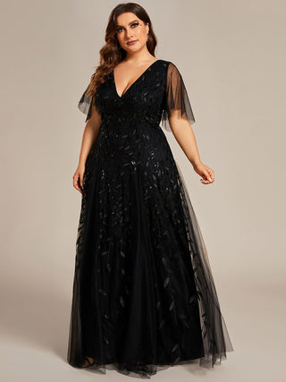Short Sleeve Ruffle Sequin Deep V-Neck A-Line Floor Length Evening Dresses
