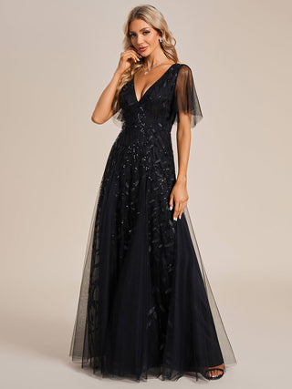 Short Sleeve Ruffle Sequin Deep V-Neck A-Line Floor Length Evening Dresses