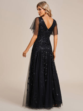 Short Sleeve Ruffle Sequin Deep V-Neck A-Line Floor Length Evening Dresses
