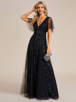Short Sleeve Ruffle Sequin Deep V-Neck A-Line Floor Length Evening Dresses