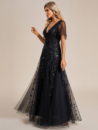 Short Sleeve Ruffle Sequin Deep V-Neck A-Line Floor Length Evening Dresses