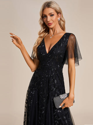 Short Sleeve Ruffle Sequin Deep V-Neck A-Line Floor Length Evening Dresses