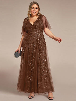 Short Sleeve Ruffle Sequin Deep V-Neck A-Line Floor Length Evening Dresses