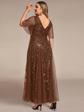 Short Sleeve Ruffle Sequin Deep V-Neck A-Line Floor Length Evening Dresses