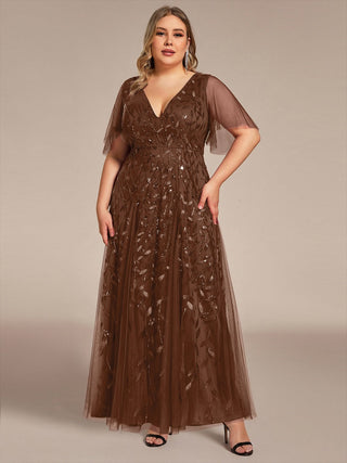 Short Sleeve Ruffle Sequin Deep V-Neck A-Line Floor Length Evening Dresses