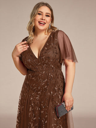 Short Sleeve Ruffle Sequin Deep V-Neck A-Line Floor Length Evening Dresses