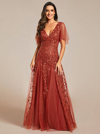 Short Sleeve Ruffle Sequin Deep V-Neck A-Line Floor Length Evening Dresses
