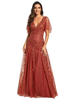 Short Sleeve Ruffle Sequin Deep V-Neck A-Line Floor Length Evening Dresses