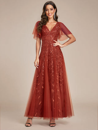 Short Sleeve Ruffle Sequin Deep V-Neck A-Line Floor Length Evening Dresses