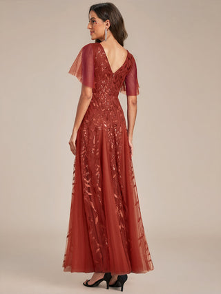 Short Sleeve Ruffle Sequin Deep V-Neck A-Line Floor Length Evening Dresses