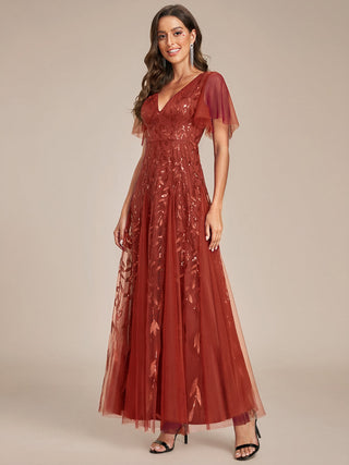 Short Sleeve Ruffle Sequin Deep V-Neck A-Line Floor Length Evening Dresses