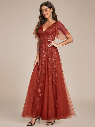 Short Sleeve Ruffle Sequin Deep V-Neck A-Line Floor Length Evening Dresses