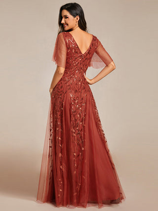 Short Sleeve Ruffle Sequin Deep V-Neck A-Line Floor Length Evening Dresses
