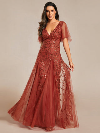 Short Sleeve Ruffle Sequin Deep V-Neck A-Line Floor Length Evening Dresses