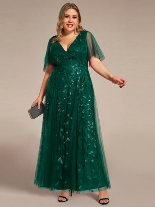 Short Sleeve Ruffle Sequin Deep V-Neck A-Line Floor Length Evening Dresses