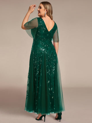 Short Sleeve Ruffle Sequin Deep V-Neck A-Line Floor Length Evening Dresses