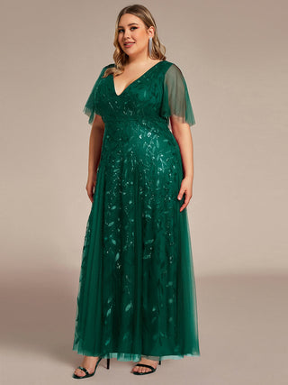 Short Sleeve Ruffle Sequin Deep V-Neck A-Line Floor Length Evening Dresses