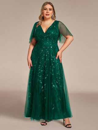 Short Sleeve Ruffle Sequin Deep V-Neck A-Line Floor Length Evening Dresses